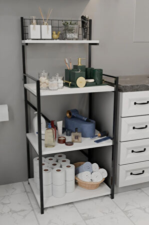 Steel Design 4 Katlı Banyo Rafı,Metal Çerçeveli Ahşap Raflı Çok Amaçlı Organizer,Temizlik Malzemesi Düzenleyici