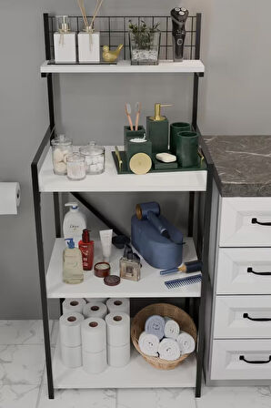 Steel Design 4 Katlı Banyo Rafı,Metal Çerçeveli Ahşap Raflı Çok Amaçlı Organizer,Temizlik Malzemesi Düzenleyici