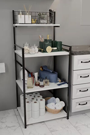 Steel Design 4 Katlı Banyo Rafı,Metal Çerçeveli Ahşap Raflı Çok Amaçlı Organizer,Temizlik Malzemesi Düzenleyici