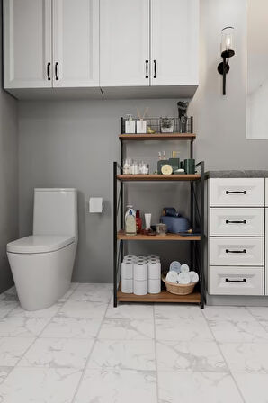 4 Katlı Banyo Rafı,Metal Çerçeveli Ahşap Raflı Çok Amaçlı Organizer,Temizlik Malzemesi  Düzenleyici