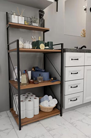 4 Katlı Banyo Rafı,Metal Çerçeveli Ahşap Raflı Çok Amaçlı Organizer,Temizlik Malzemesi  Düzenleyici