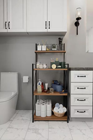 4 Katlı Banyo Rafı,Metal Çerçeveli Ahşap Raflı Çok Amaçlı Organizer,Temizlik Malzemesi  Düzenleyici