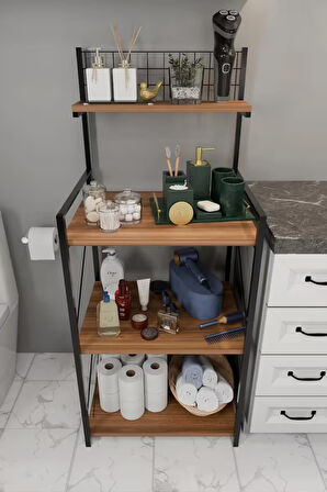 4 Katlı Banyo Rafı,Metal Çerçeveli Ahşap Raflı Çok Amaçlı Organizer,Temizlik Malzemesi  Düzenleyici