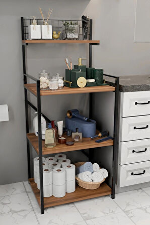 4 Katlı Banyo Rafı,Metal Çerçeveli Ahşap Raflı Çok Amaçlı Organizer,Temizlik Malzemesi  Düzenleyici