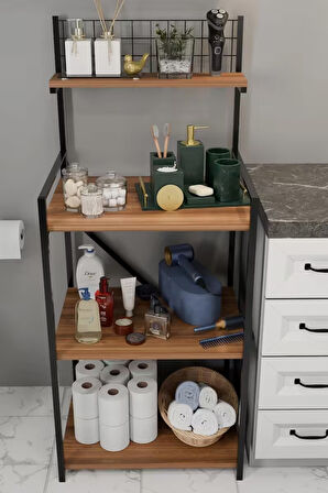 4 Katlı Banyo Rafı,Metal Çerçeveli Ahşap Raflı Çok Amaçlı Organizer,Temizlik Malzemesi  Düzenleyici