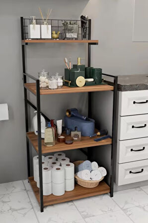 4 Katlı Banyo Rafı,Metal Çerçeveli Ahşap Raflı Çok Amaçlı Organizer,Temizlik Malzemesi  Düzenleyici