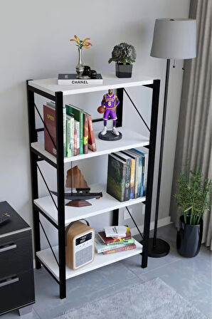 4 Katlı Metal Gövdeli Kitaplık Raf – Dayanıklı Çok Amaçlı Düzenleyici, Modern Kitaplık, Ofis ve Ev Dekor Rafı, 56x30x115 cm