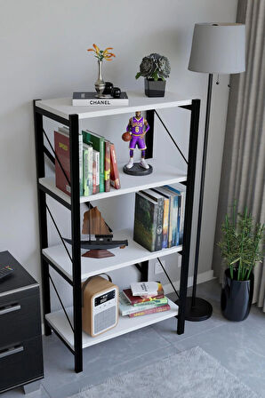 4 Katlı Metal Gövdeli Kitaplık Raf – Dayanıklı Çok Amaçlı Düzenleyici, Modern Kitaplık, Ofis ve Ev Dekor Rafı, 56x30x115 cm