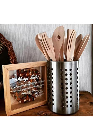 4 Parça Ahşap Kaşık Mutfak Seti Tahta Kaşık Çatal Spatula 30 cm - Natural