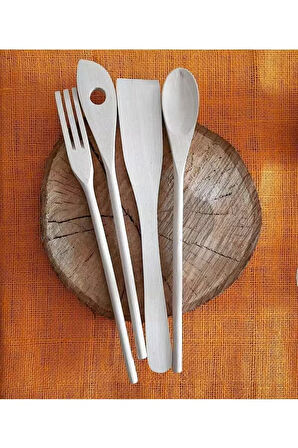 4 Parça Ahşap Kaşık Mutfak Seti Tahta Kaşık Çatal Spatula 30 cm - Natural
