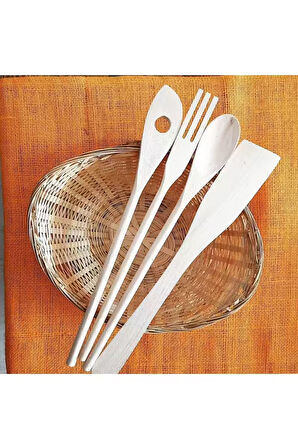 4 Parça Ahşap Kaşık Mutfak Seti Tahta Kaşık Çatal Spatula 30 cm - Natural