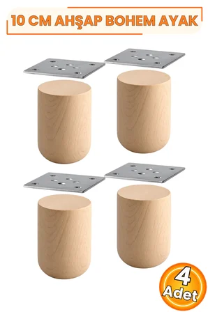 Bohem Ahşap Silindir Mobilya Ayağı 10 cm 4’lü Set – 6,3 cm Çap, 8x8 cm Metal Bağlantı Aparatlı, Vidalı, Boyasız Doğal Ahşap Koltuk Kanepe Puf Sehpa Dolap Baza TV Ünitesi Ayağı