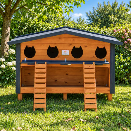4 Yuvalı Kedi Evi Mamalıklı Ahşap