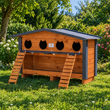 4 Yuvalı Kedi Evi Mamalıklı Ahşap