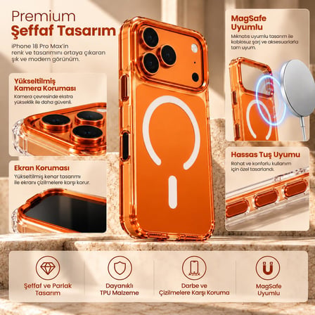 IPhone 17/18 Pro Max ile Uyumlu Şeffaf MagSafe Kılıf, Turuncu Tasarim