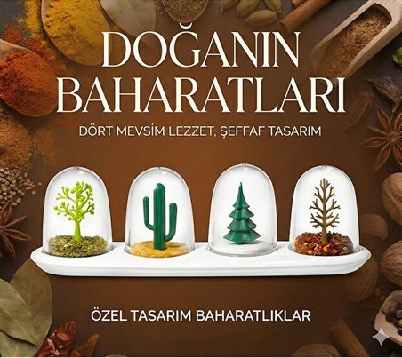 4 Mevsim Temalı Tasarım Baharatlık Seti - Dekoratif Ağaç ve Kaktüs Figürlü Standlı Tuzluk Biberlik