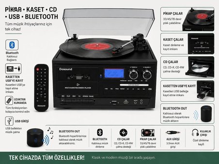 Dosound TR-17 Ahşap Çok Fonksiyonlu Pikap Kaset CD USB Bluetooth Müzik Sistemi