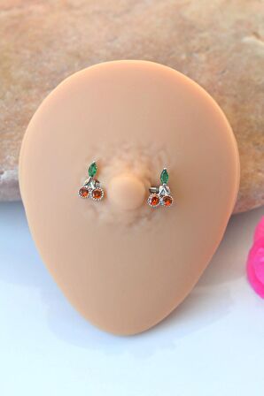 Renkli Kirazlı Çelik Nipple Piercingi Kiraz Figürlü Göğüs Piercingi