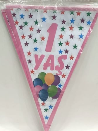 Özel Üretim Süs Hazırlık Parti Süsü 1 YAŞ YILDIZLI PEMBE ÜÇGEN FLAMA