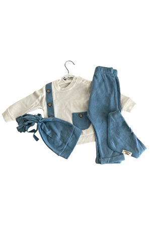 Ayıcık Düğmeli Waffle Kumaş %100 Pamuk 4 Parça Mavi Erkek Çocuk Takım 4080