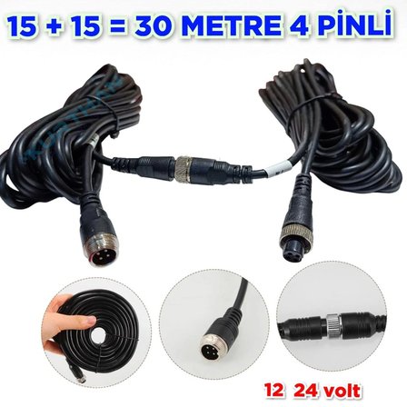 30 METRE ( 15 + 15 )  4 PİNLİ  TİCARİ ARAÇ KAMERA KABLOSU   12-24 VOLT