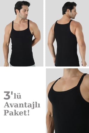 Özel Seri Terletmeyen Pamuklu İç Esnek Yapı Erkek Siyah İnce Askılı Atlet 3'lü Paket