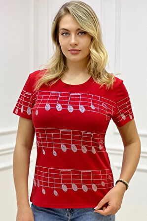 Büyük Beden Kısa Kol Bisiklet Yaka Nota Desen Crystal Taşlı Kırmızı Şık Kadın T-shirt