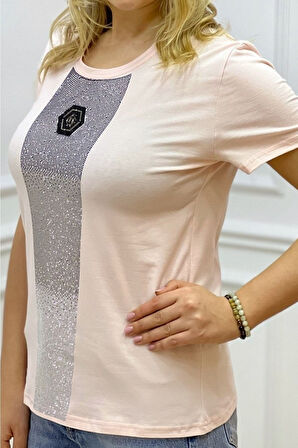 Bisiklet Yaka Crystal Taşlı Büyük Beden Plus Size Pamuk Şık Rahat Siyah Kadın T-shirt