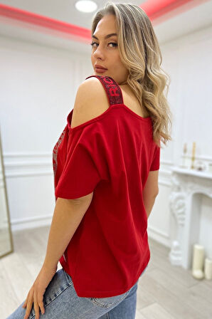 Bol Kesim Büyük Beden Tek Omzu Açık Crystal Taşlı Kadın Kısa Kol Pamuk Beyaz T-shirt