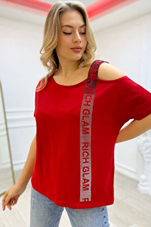 Bol Kesim Büyük Beden Tek Omzu Açık Crystal Taşlı Kadın Kısa Kol Pamuk Beyaz T-shirt