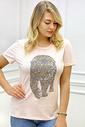 Kaplan Crystal Taşlı Büyük Beden Bisiklet Yaka Siyah Pamuk Kadın T-shirt