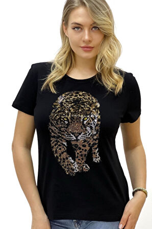 Kaplan Crystal Taşlı Büyük Beden Bisiklet Yaka Siyah Pamuk Kadın T-shirt