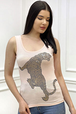Leopar Crystal Taş Baskılı Dar Kesim / Slim Fit Pamuk Kadın Kolsuz Tshirt Kalın Askılı Atlet