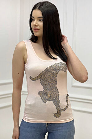 Leopar Crystal Taş Baskılı Dar Kesim / Slim Fit Pamuk Kadın Kolsuz Tshirt Kalın Askılı Atlet