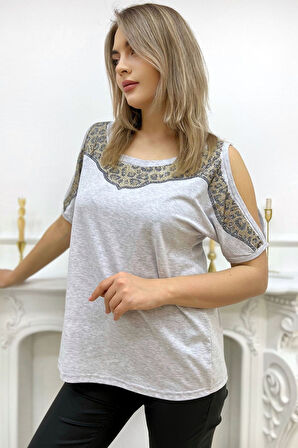 Bol Kesim Omuzları Açık Leopar Crystal Taş Baskılı Büyük Beden Gri Rahat Kadın Pamuk T-shirt