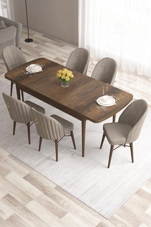 Roz Serisi 80x132 Mdf Açılabilir Barok Ahşap Desen Masa Takımı 6 Cappucino Sandalye