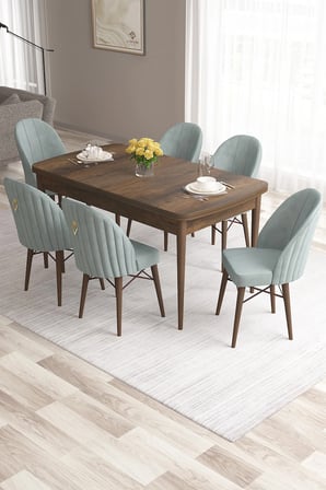 Roz Serisi 80x132 Mdf Açılabilir Barok Ahşap Desen Masa Takımı 6 Su Yeşili Sandalye