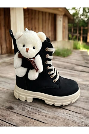 Ayıcıklı Soğuk Geçirmez Kaymaz Taban Kız Çocuk Bot, Fermuarlı Kız Çocuk Krem Bot, Bej Çocuk Bot SİYAH / 28