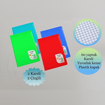 Çınar A4 60 Yaprak Colormaxi Spiralli Defter Plastik Kapak 2 Çizgili + 2 Kareli