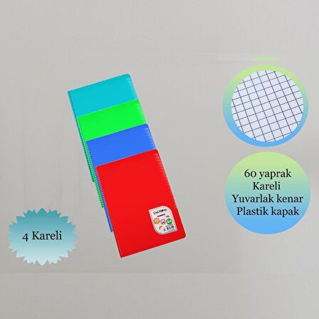 Çınar A4 60 Yaprak Colormaxi Spiralli Defter Plastik Kapak Kareli  4 Adet