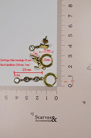 Gold Taşlı Yıldızlı Çelik Küpe Seti Üçlü