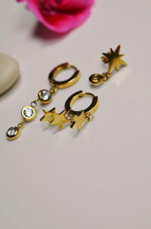 Gold Taşlı Yıldızlı Çelik Küpe Seti Üçlü
