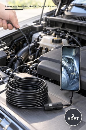 2 Adet Yılan Kamera – 5 Metre Yarı Sert Kablo, IP67 Su Geçirmez Endoskop, Ayarlanabilir LED Işık Ve 3 Uç Aparat (Ayna Kanca Mıknatıs) Inspection Camera