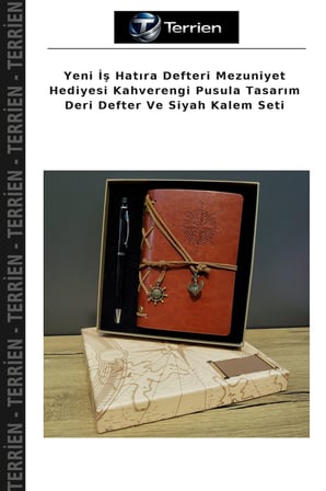 Yeni İş Hatıra Defteri Mezuniyet Hediyesi Kahverengi Pusula Tasarım Deri Defter Ve Siyah Kalem Seti