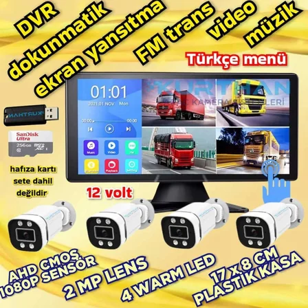 4 ADET AHD 2MP WARM LEDLİ KAMERA DVR DOKUNMATİK 10.36 İNÇ MONİTÖR  12 VOLT 256 GB