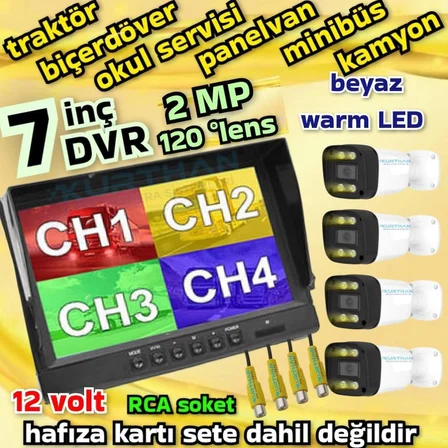 TARIMSAL ARAÇLARA 4 ADET AHD 2 MP WARM LEDLİ KAMERA 7 İNÇ QLED IPS  256 GB DVR MONİTÖR  12 VOLT