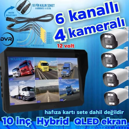 4 ADET AHD 2  MP BEYAZ WARM LEDLİ KAMERA  10'' QLED 6 KANALLI MONİTÖR SETİ  12 V 256 GB