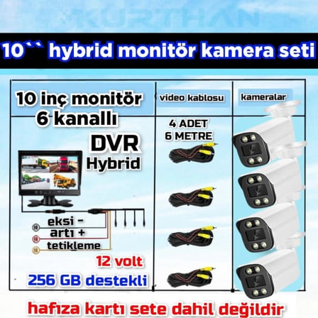 4 ADET AHD 2  MP BEYAZ WARM LEDLİ KAMERA  10'' QLED 6 KANALLI MONİTÖR SETİ  12 V 256 GB