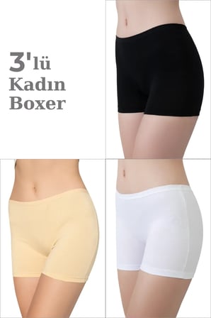 Özel Seri Günlük Slip Sade 3'lü Paket Kadın Karışık Renkli Boxer Şort Pamuklu Likralı