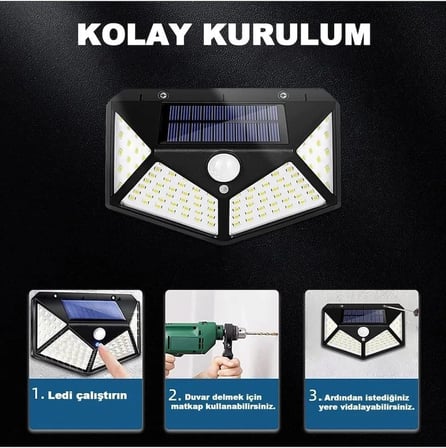 100 Led Dış Mekan Solar Aydınlatma Fotoselli Solar Lamba Hareket Sensörlü